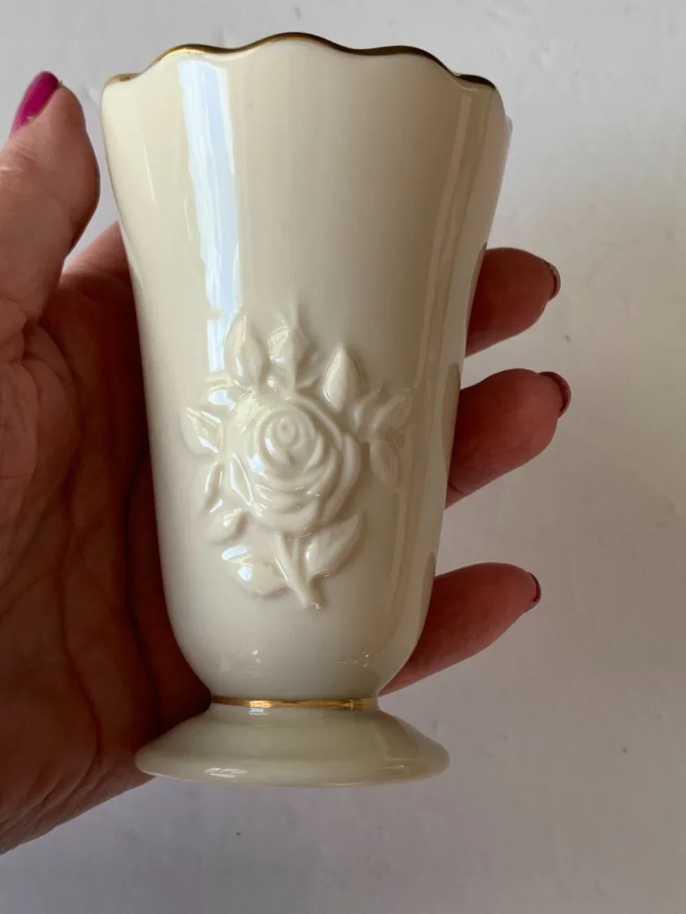 Vintage Lenox Rose Bud Vase Ivory Porcelain 24K Gold Trim Embossed Rose